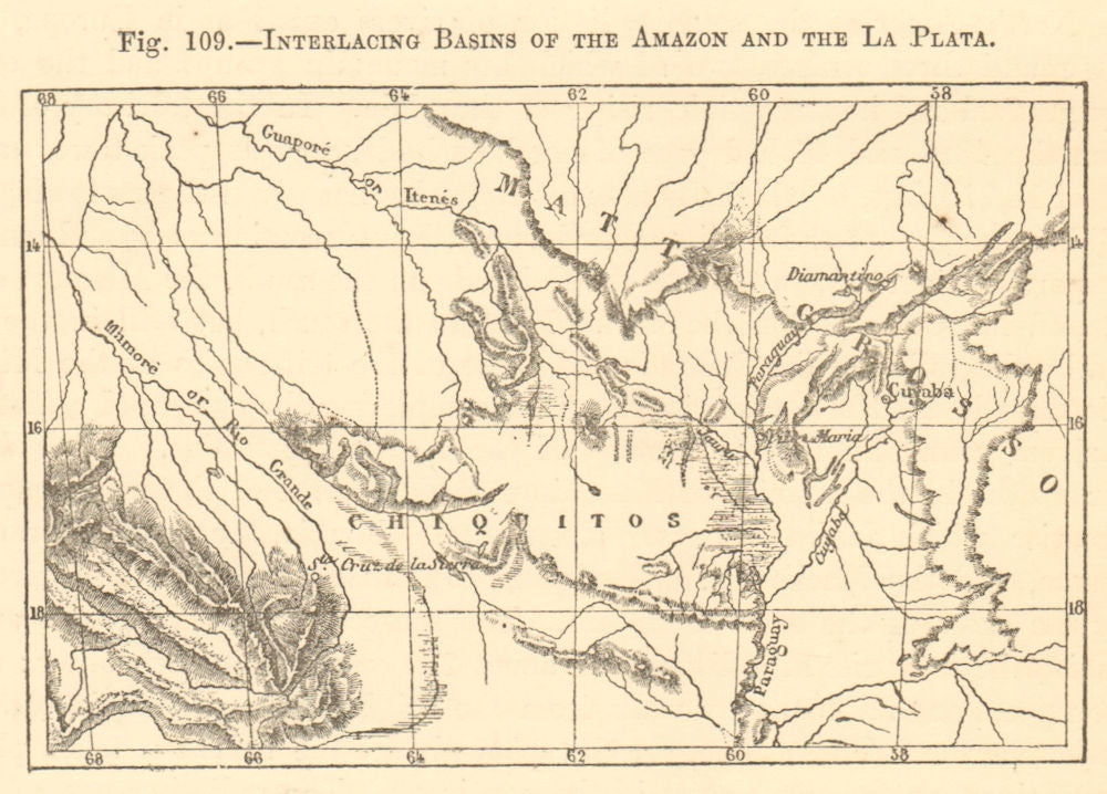 Amazon & La Plata basins. Brazil. Mato Grosso Bolivia. SMALL sketch map 1886